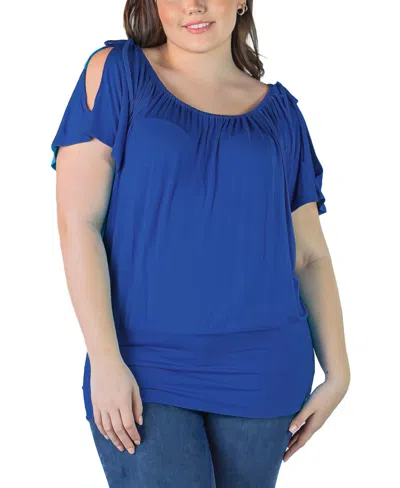 24seven Comfort Apparel Plus Size Short Sleeve Split Shoulder Top In Navy