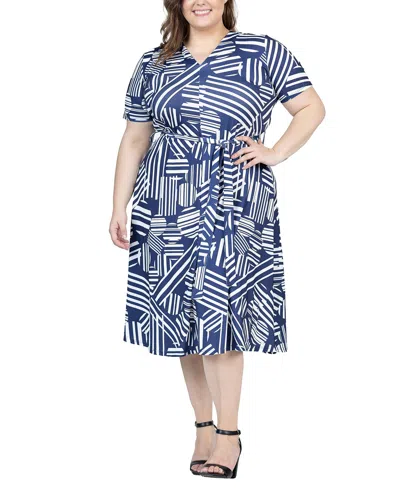 24seven Comfort Apparel Plus Size Short Sleeve Tie Waist Midi Dress In Navy Multi