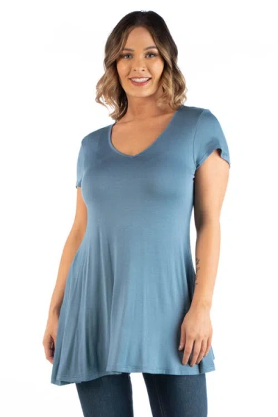 24seven Comfort Apparel Plus Size Short Sleeve V Neck Tunic T Shirt In Blue