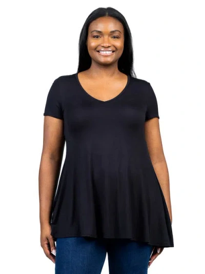 24seven Comfort Apparel Plus Size Short Sleeve V Neck Tunic T Shirt In Blue