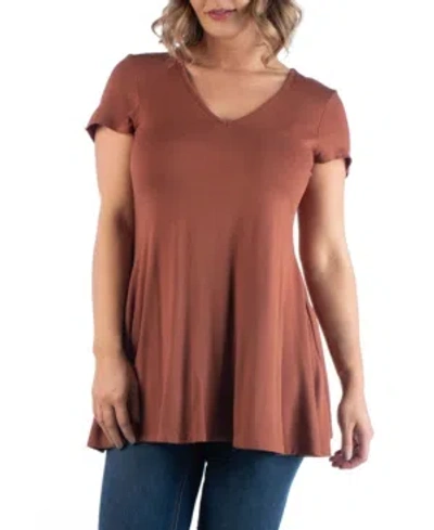24seven Comfort Apparel Short Sleeve Loose Fit Tunic Top With V-neck In Brown