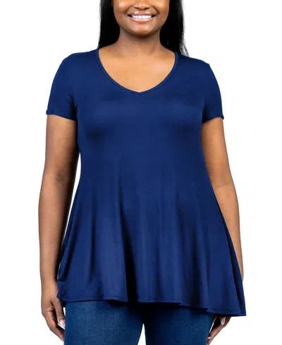 24seven Comfort Apparel Plus Size Short Sleeve V-neck Tunic Top In Navy