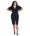 24seven Comfort Apparel Plus Size Short Sleeve V-neck Twist Front Split Hem Dress In Black