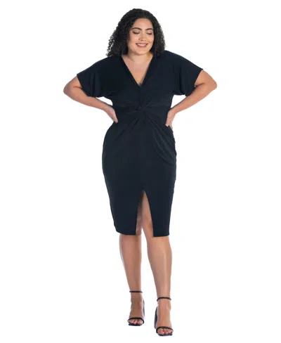 24seven Comfort Apparel Plus Size Short Sleeve V-neck Twist Front Split Hem Dress In Black