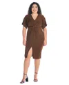 24seven Comfort Apparel Plus Size Short Sleeve V-neck Twist Front Split Hem Dress In Brown