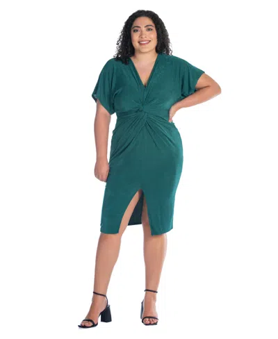 24seven Comfort Apparel Plus Size Short Sleeve V-neck Twist Front Split Hem Dress In Hunter