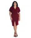 24seven Comfort Apparel Plus Size Short Sleeve V-neck Twist Front Split Hem Dress In Wine