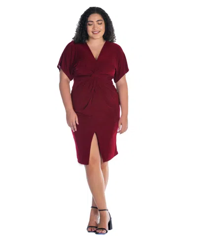 24seven Comfort Apparel Plus Size Short Sleeve V-neck Twist Front Split Hem Dress In Wine