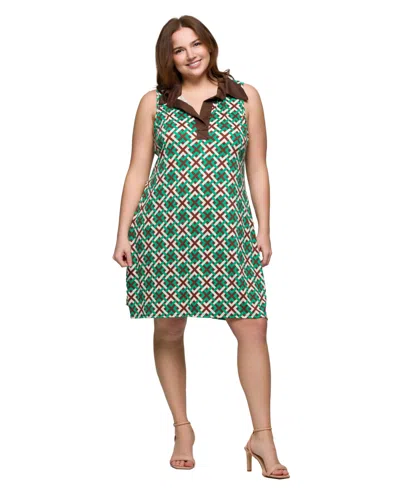 24seven Comfort Apparel Plus Size Sleeveless Collared Mini Dress In Green Multi