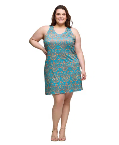 24seven Comfort Apparel Plus Size Sleeveless Knee Length Shift Dress In Blue Multi