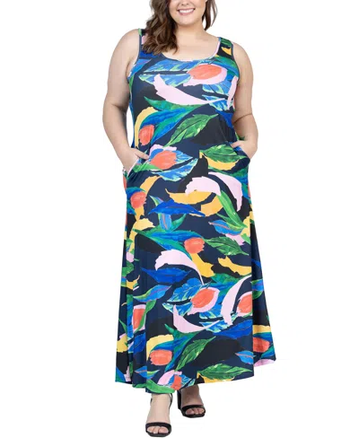 24seven Comfort Apparel Plus Size Sleeveless Maxi Dress With Pockets In Black Multi