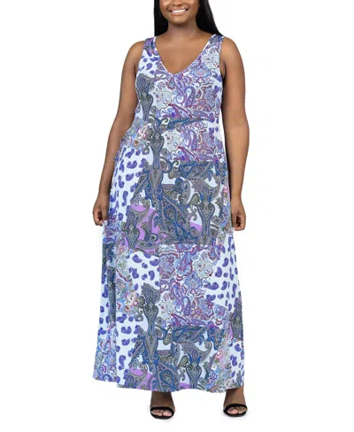 24seven Comfort Apparel Plus Size Sleeveless Maxi Dress With Pockets In Purple Multi