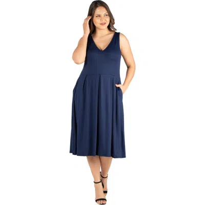 24seven Comfort Apparel Plus Size Sleeveless Midi Fit And Flare Pocket Dress In Navy