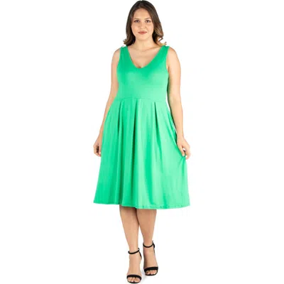 24seven Comfort Apparel Plus Size Sleeveless Midi Fit And Flare Pocket Dress In Green