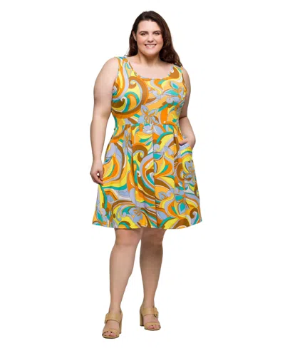 24seven Comfort Apparel Plus Size Sleeveless Pleated Knee Length Pocket Dress In Yellow Multi