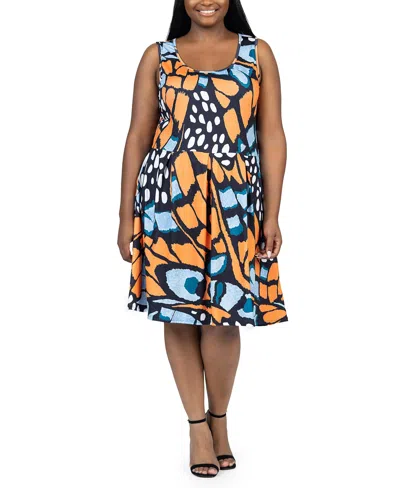 24seven Comfort Apparel Plus Size Sleeveless Pocket Dress In Orange Multi