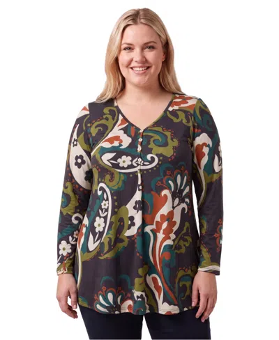 24seven Comfort Apparel Plus Size Soft Stretch V-neck Paisley Long-sleeve Tunic In Multi