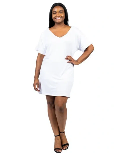 24seven Comfort Apparel Plus Size Solid Color Loose Fit V Neck T Shirt Style Knee Length Dress In White