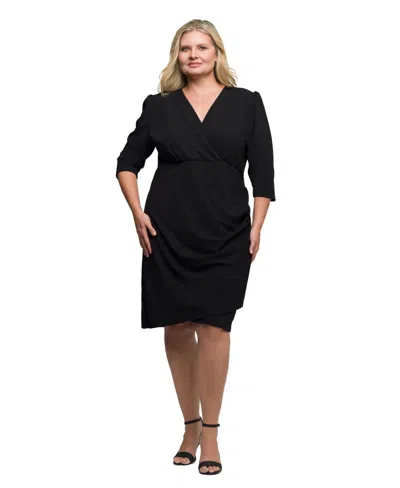 24seven Comfort Apparel Plus Size Solid Color V Neck Faux Wrap Dress In Black