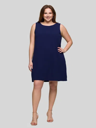 24seven Comfort Apparel Plus Size Solid Round Neck Sleeveless Mini Shift Dress In Blue