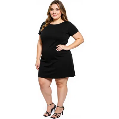 24seven Comfort Apparel Plus Size Solid Short Sleeve Round Neck Mini Shift Dress In Black