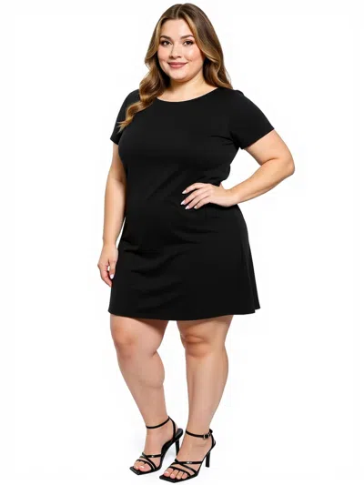 24seven Comfort Apparel Plus Size Solid Short Sleeve Round Neck Mini Shift Dress In Black