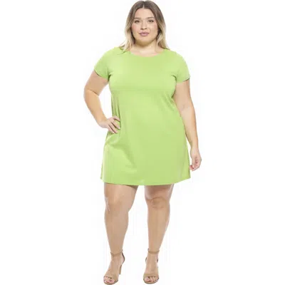 24seven Comfort Apparel Plus Size Solid Short Sleeve Round Neck Mini Shift Dress In Green