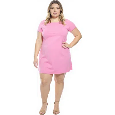 24seven Comfort Apparel Plus Size Solid Short Sleeve Round Neck Mini Shift Dress In Pink