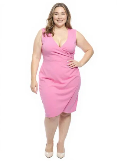 24seven Comfort Apparel Plus Size Solid V-neck Sleeveless Faux Wrap Tulip Hem Midi Dress In Pink