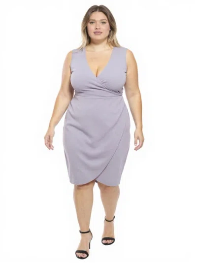 24seven Comfort Apparel Plus Size Solid V-neck Sleeveless Faux Wrap Tulip Hem Midi Dress In Purple