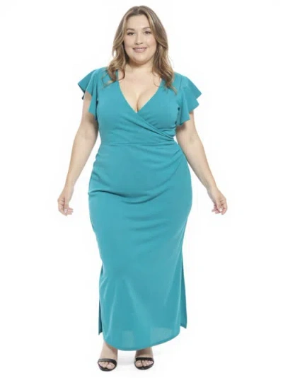 24seven Comfort Apparel Plus Size Solid V-neck Tulip Hem Ruffle Sleeve Faux Wrap Maxi Dress In Blue