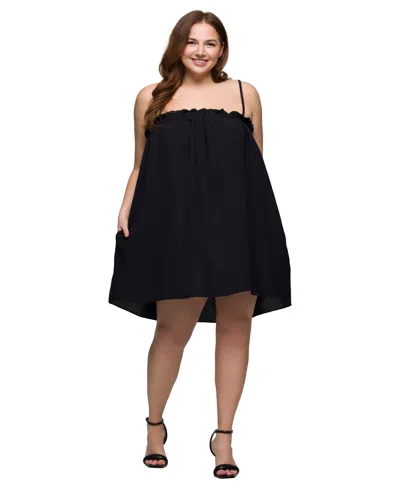 24seven Comfort Apparel Plus Size Square Neck Spaghetti Strap Smocked Pocket Mini Dress