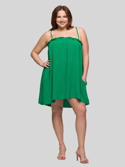 24seven Comfort Apparel Plus Size Square Neck Spaghetti Strap Smocked Pocket Mini Dress In Green