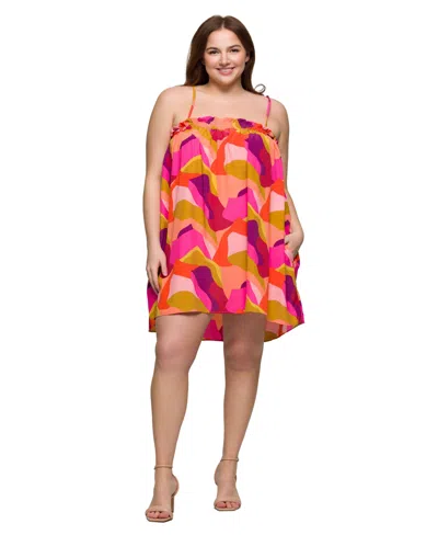 24seven Comfort Apparel Plus Size Square Neck Spaghetti Strap Smocked Pockets Mini Dress