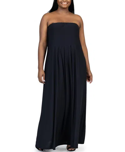 24seven Comfort Apparel Plus Size Strapless Maxi Dress With Pockets In Black