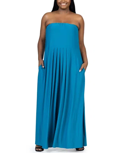 24seven Comfort Apparel Plus Size Strapless Maxi Dress With Pockets In Teal