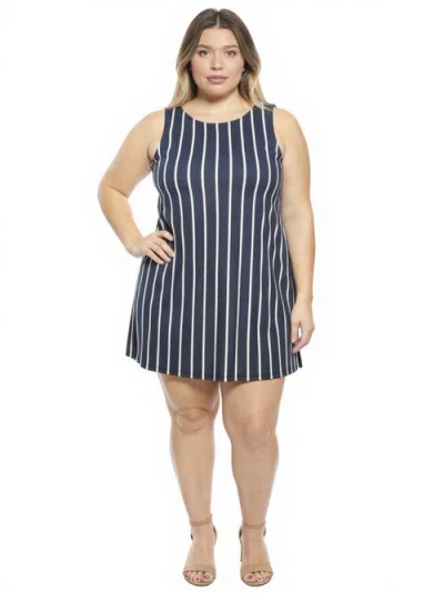 24seven Comfort Apparel Plus Size Striped Round Neck Sleeveless A-line Mini Shift Dress In Brown