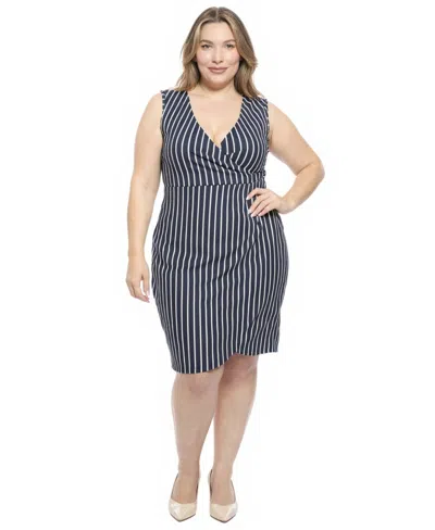 24seven Comfort Apparel Plus Size Striped V-neck Sleeveless Faux Wrap Tulip Hem Midi Dress In Black