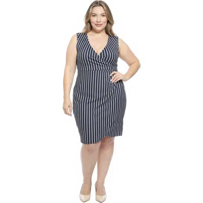 24seven Comfort Apparel Plus Size Striped V-neck Sleeveless Faux Wrap Tulip Hem Midi Dress In Black