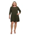24seven Comfort Apparel Plus Size Three Quarter Sleeve A Line Knee Length Dress In Green