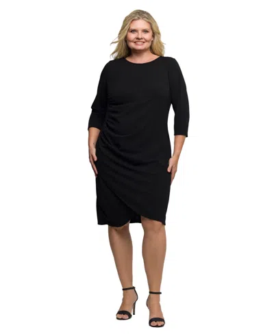 24seven Comfort Apparel Plus Size Three Quarter Sleeve Ruched Tulip Hem Mini Dress In Black