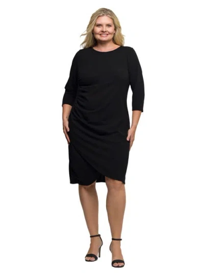24seven Comfort Apparel Plus Size Three Quarter Sleeve Ruched Tulip Hem Mini Dress In Black