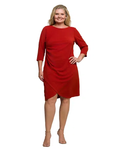 24seven Comfort Apparel Plus Size Three Quarter Sleeve Ruched Tulip Hem Mini Dress In Red