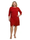 24seven Comfort Apparel Plus Size Three Quarter Sleeve Ruched Tulip Hem Mini Dress In Red