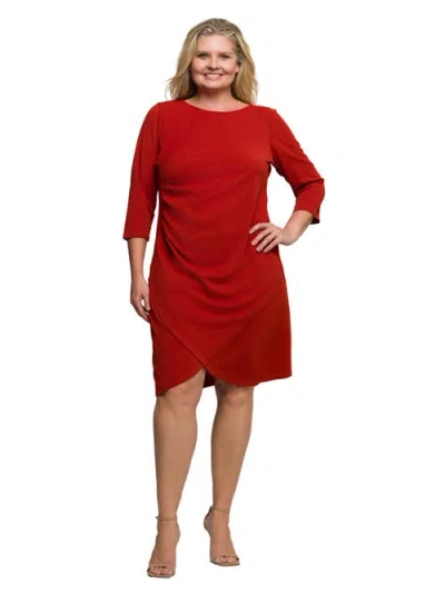 24seven Comfort Apparel Plus Size Three Quarter Sleeve Ruched Tulip Hem Mini Dress In Red