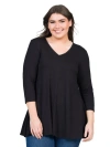 24seven Comfort Apparel Plus Size Three Quarter Sleeve V Neck Tunic Top In Black