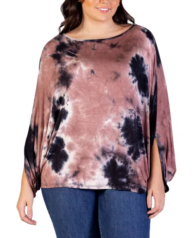 24seven Comfort Apparel Plus Size Tie Dye Batwing Sleeve Relax Fit Top In Mocha Multi