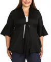24seven Comfort Apparel Plus Size Tie Front Bell Sleeve Cardigan Jacket In Black