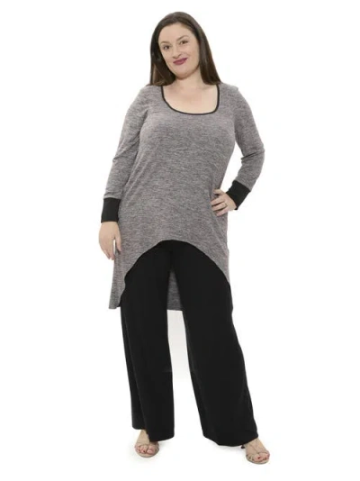 24seven Comfort Apparel Plus Size Two Tone Scoop Neck Long Sleeve High Low Top And Pant Set In Black