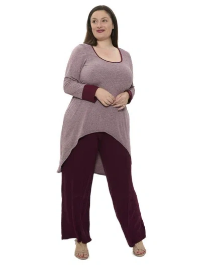 24seven Comfort Apparel Plus Size Two Tone Scoop Neck Long Sleeve High Low Top And Pant Set In Purple